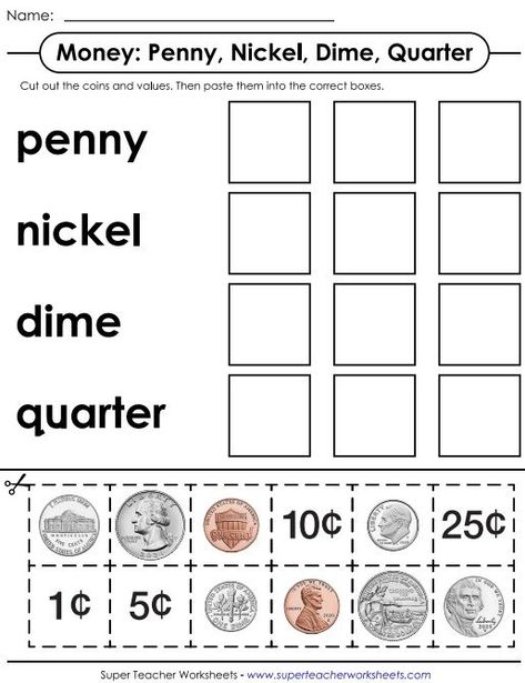 Coin Identification Worksheet Kindergarten Money Worksheets, Teaching Coins, Coin Identification, Money Kindergarten, Counting Money Worksheets, Money Math Worksheets, Learning Money, Teaching Money, Money Activities