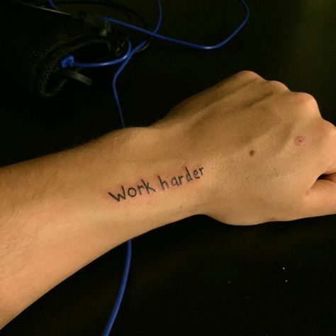 Casey Neistat inspired quote tattoo by Eric at New Vision Tattoo, Gainesville, GA. "work harder". Men I Trust Tattoo, Work Harder Tattoo, Lifes A Risk Carnal Tattoo, Harder Tattoo, Casey Neistat Tattoo, Hard Work Tattoo Men, Vision Tattoo, Stay Humble Hustle Hard Tattoo Men, Classy Tattoos For Women