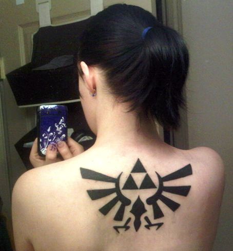 Triforce tattoo Zelda Triforce Tattoo, Triforce Tattoo, Zelda Tattoo, Zelda Triforce, Geek Tattoo, Neck Tattoos, Gaming Tattoo, Back Tattoos, Creative Tattoos