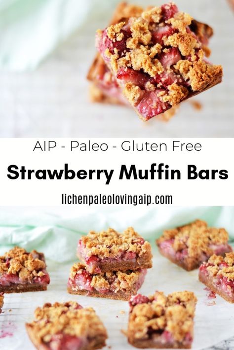 Muffin Bars, Aip Dessert Recipes, Gluten Free Strawberry Muffins, Aip Paleo Breakfast, Aip Paleo Desserts, Autoimmune Diet Recipes, Strawberry Muffin, Aip Baking, Aip Diet Recipes