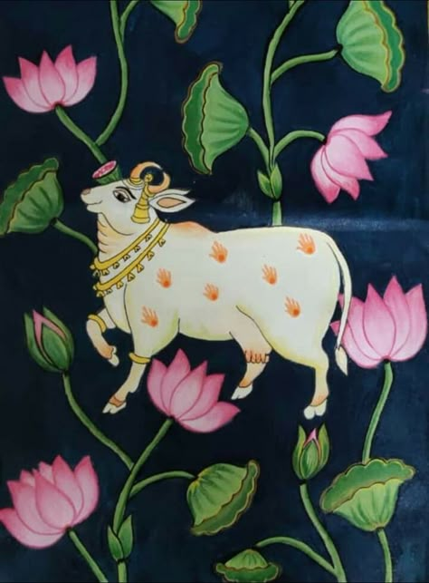 Cow Madhubani Painting, Pichwai Drawing, Pichwai Paintings Cows, Pichwai Paintings Motifs, Pichwai Art Paintings, Pichwai Cow Painting, Pichwai Motifs, Pichwai Cow, Fabric Colour Painting