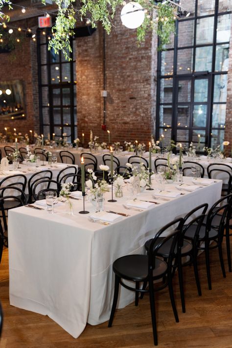 Restoration Hardware Wedding Reception, Black White And Emerald Green Wedding Table Settings, Black And White Welcome Table, Restoration Hardware Wedding, White Table Black Chairs, Round Table Centerpieces Wedding Simple, Brian Robertson, Minimalist Wedding Reception Decor, Industrial Wedding Table