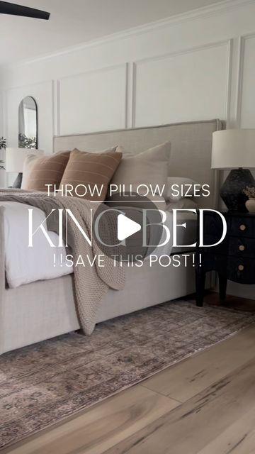 Marly Dice on Instagram: "KING BED PILLOW SIZES 👇  Comment “SHOP” for a link to these pillow inserts, pillow covers and bedroom items. NOTE: You must be following me before you comment in order to receive a link to your DMs. You can also shop directly here: https://ltk.app.link/pFsjHsDq1Kb  One easy way to elevate the look of your bed is to add throw pillows! There are several pillow size options that look good on a king bed but my favorite throw pillow sizes are three 26” pillows and two 22” pillows. I also like adding a long lumbar pillow sometimes, when I want to mix things up.   My pillow inserts and pillow covers are from @woven.nook! Everything is high quality and I always recommend their inserts. There are no feathers that prick you- they’re simply soft and comfy!   Behind my throw Pillows On King Size Bed, Bedroom Ideas Transitional, King Bed Pillow Arrangement, King Size Bed Pillows, King Bed Pillow, Bed Accent Pillows, Bed Pillow Arrangement, Bed Pillow Sizes, Pillow Sizes