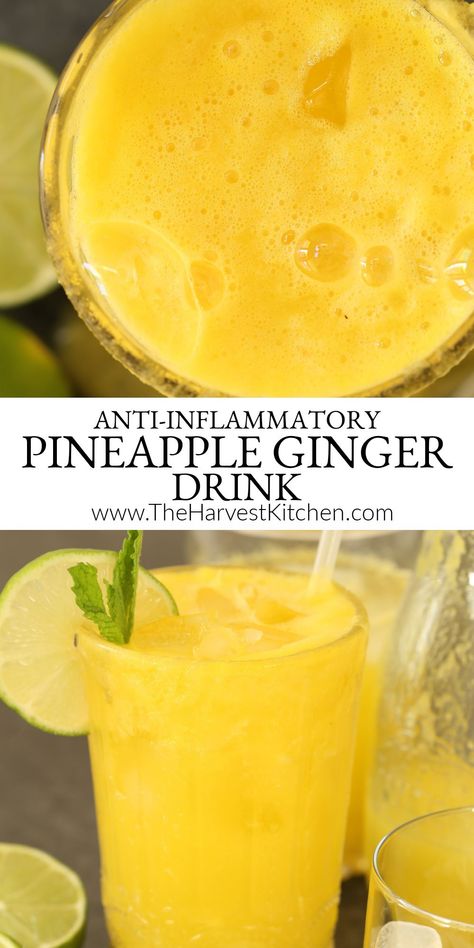 This Pineapple Ginger Cleansing Juice is an easy pineapple juice recipe to pull together.  It's a delicious blend of fresh organic pineapple, ginger root, turmeric root and lime. This is a great little detox juice cleanse that's loaded with anti-inflammatory, digestive-boosting and liver cleansing properties. Pineapple Juice Recipes, Fresh Juice Recipes, Pineapple Ginger, Detox Juice Cleanse, Juice Cleanse Recipes, Juice Smoothies Recipes, Ginger Drink, Juicy Juice, Juicer Recipes