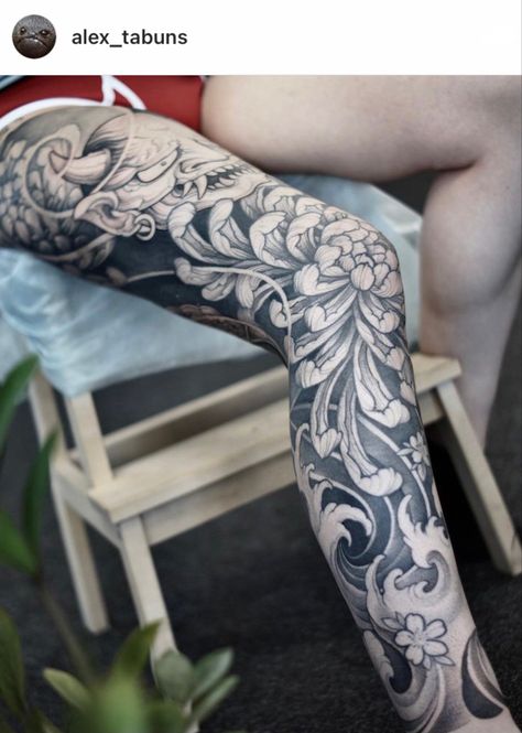 Japanese dotwork leg sleeve tattoo with chrysanthemums and waves Japanese Style Leg Sleeve, Japanese Leg Sleeve Women, Japanese Leg Sleeve Tattoos, Asian Sleeve Tattoo, Full Leg Sleeve Tattoo Female, Leg Skeleton, Japanese Leg Sleeve, Traditional Tattoo Leg Sleeve, Traditional Japanese Tattoo Sleeve