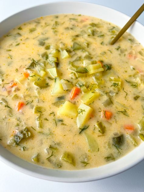 Creamy Dill Pickle Soup Creamy Dill Pickle Soup, Dill Pickle Soup Recipe, Pickle Soup Recipe, Veggie Entrees, The Modern Nonna, Polish Soup, Lemon Shrimp Pasta, Modern Nonna, Dill Pickle Soup