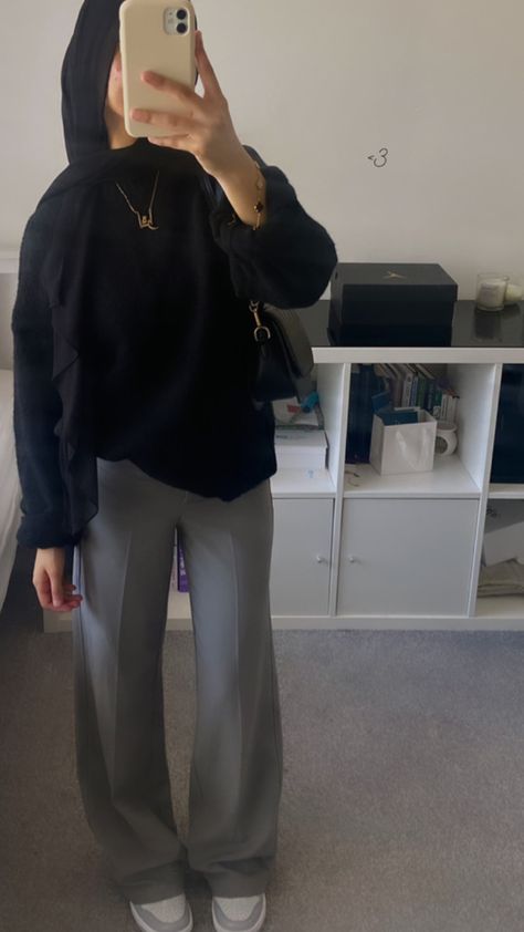 Trouser Hijab Outfit, Grey Bootcut Trousers Outfit, Hijab Sweatpants Outfit, Grey Sweatpants Outfit Hijab, Dark Grey Hijab Outfit, Air Jordan 1 Grey Outfit, Hijabi Sweatpants Outfit, Gray Hijab Outfit, Sixth Form Outfits Trousers