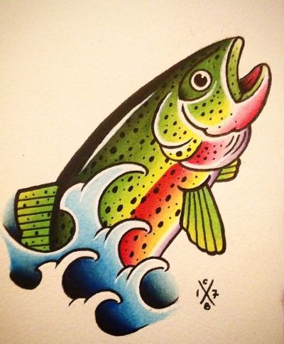 American Traditional Trout Tattoo, Traditional Tattoo Animals, Trout Tattoo, Traditional Tattoo Flash Sheets, Pokemon Tattoos, Pokemon World, Tato Tradisional, Traditional Tattoo Flash Art, Tattoo Pics