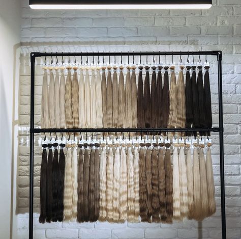 Hair Extensions Wall Display Ideas, Hair Extension Salon Display, Hair Extension Organization, Hair Extensions Display Wall, Hair Extension Display Rack, Salon Hair Extensions, Hair Extension Display Wall, Hair Extensions Display Ideas, Hair Extensions Salon Decor