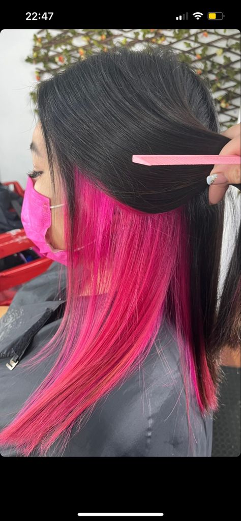 Hot Pink Hair Dye Ideas, Black Hair With Pink Peekaboos, Black Hair With Hot Pink Underneath, Black With Pink Underneath Hair, Black Hair Pink Underneath, Hot Pink Underneath Hair, Black And Hot Pink Hair, Black Hair With Pink Underneath, Hot Pink Peekaboo Hair