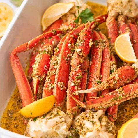 Crab Leg Recipes Baked, Crab Legs Baked, Crab Legs And Pasta, Oven Baked Snow Crab Legs Recipes, Shrimp And Crab Legs Recipes, Garlic Crab Legs Recipes, Crab Leg Meal Ideas, Bake Crab Legs Oven, Roasted Crab Legs Oven