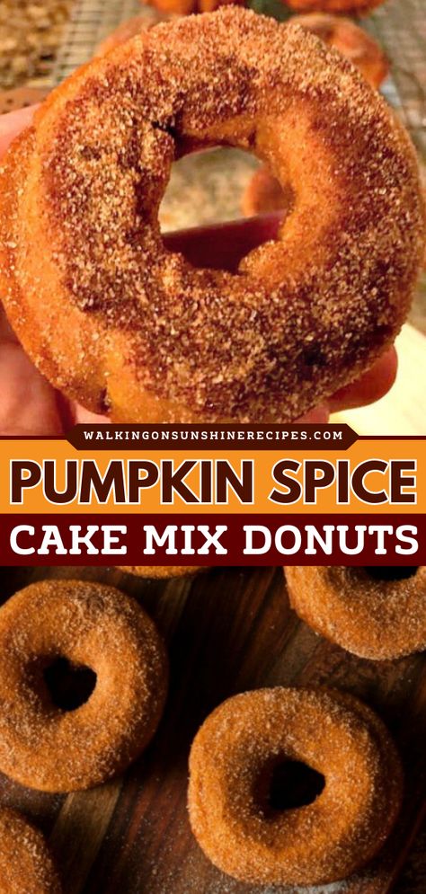 These Pumpkin Spice Cake Mix Donuts are the perfect baked pumpkin recipe that starts with cake mix and canned pumpkin puree sprinkled with cinnamon and sugar. It makes an easy Fall recipe! Pumpkin Spice Cake Mix, Pumpkin Donuts Baked, Cake Mix Donuts, Spice Cake Mix And Pumpkin, Pumpkin Doughnut, Fall Deserts, Pumpkin Treats, Homemade Donuts Recipe, Baked Doughnuts