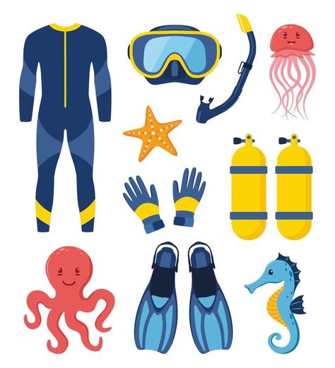 Diving equipment, set. Scuba diving, aqualung oxygen cylinders, diving costume, flippers, mask and tube. Marine life elements. Starfish, octopus, jellyfish. Vector illustration. Snorkeling Illustration, Dive Illustration, Scuba Diving Illustration, Scuba Diving Cake, Scuba Diving Art, Jellyfish Vector, Diving Illustration, Scuba Diver Costume, Zebra Craft