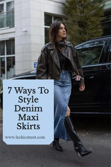 7 Ways To Style Denim Maxi Skirts. 7 denim skirt outfits featuring denim maxi skirts. See how to style the trendy maxi skirt. Plenty of options for denim skirt summer or denim skirt winter and how to style them. Cute denim skirts with lots of denim fashion. #denimmaxiskirt #denimskirtoutfits #denimskirtoutfit Front Split Denim Skirt Outfit, Denim Maxi Skirt Boots Outfit, Denim Maxi Skirt Street Style 2023, Long Skirt Looks Winter, Jean Skirt Maxi Outfits, Style Denim Skirt Winter, Denim Midi Skirt Winter Outfit, Long Denim Skirt With Sneakers, Style Maxi Denim Skirt