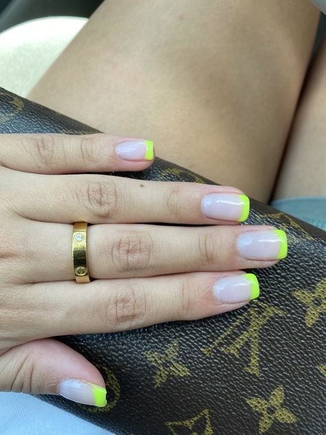 French Tip Neon Green, White Nails Green Tips, Florescent French Tip Nails, French Tip Nails Fluro, Neon Tipped Nails, Neon Green French Tip Nails Square, Summer Overlay Nails, Neon Green Nails French Tip, Neon Yellow Tips Nails