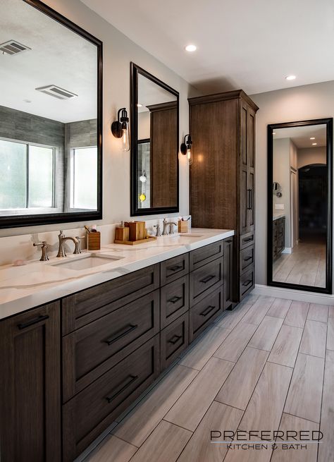 Dark Trim Bathroom, Bathroom Ideas Dark Vanity, Bathroom Remodel With Dark Cabinets, Bathroom With Dark Trim, Bathroom Stained Cabinets, Dark Stained Vanity Bathroom, Dark Cabinet Light Floor Kitchen, Dark Bathroom Cabinets Master Bath, Bathroom Ideas Dark Wood