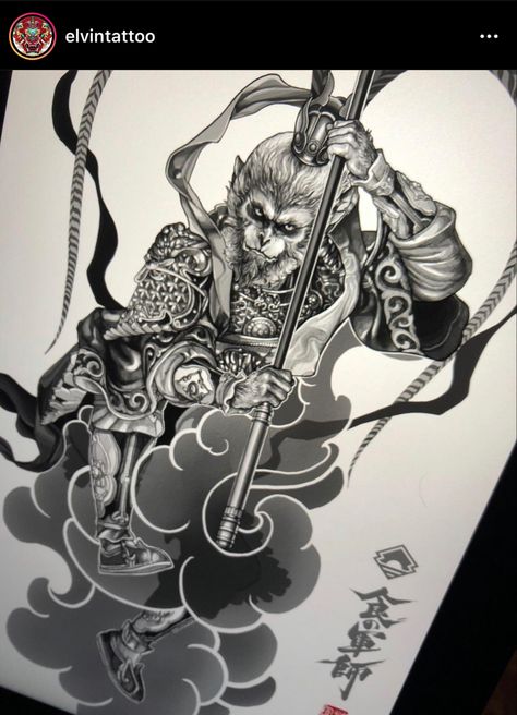 Wu Kong Tattoo, Wukong Tattoo, Monkey King Tattoo, Bio Organic Tattoo, King Tattoo, Simple Arm Tattoos, Upper Back Tattoos, Organic Tattoo, Monkey Tattoos