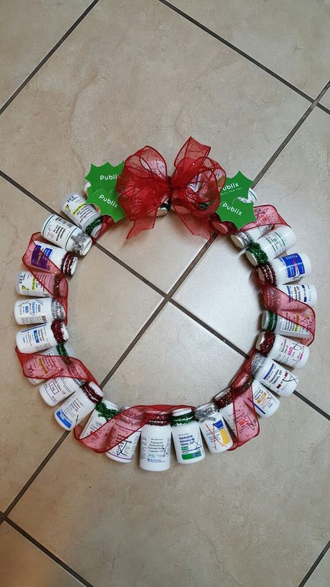 another wreath I made for Publix pharmacy Pharmacy Door Decorations, Pill Bottle Christmas Wreath, Pharmacy Appreciation Gifts, Pharmacy Christmas Decor, Pharmacy Holiday Decorations, Pharmacy Tech Appreciation Gifts, Pill Bottle Wreath, Pharmacy Halloween Decorations, Pharmacy Technician Appreciation Gifts