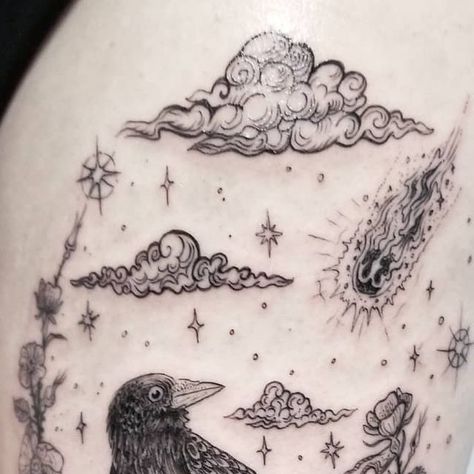 Electric Forest Tattoo, Mystical Forest Tattoo, Oregon Tattoo, Crow Design, Shooting Star Tattoo, Portland Tattoo, Single Needle Tattoo, Crow Tattoo, Cloud Tattoo