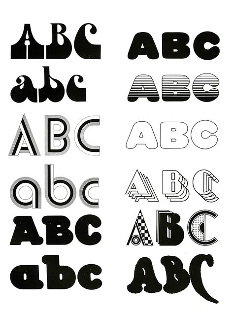 Seymour Chwast: Alphabet designs marketed by Photo-Lettering and Mergenthaler (Mergenthaler bottom two lines, left-hand column), the '70s. Bar Letters, 70s Font, Seymour Chwast, Inspiration Typographie, Adobe Tutorials, Type Specimen, Photo Letters, Typography Alphabet, Blue Bay