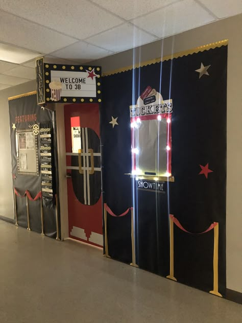 Movie theater classroom with working ticket booth lights! Classroom Drive In Movie, Classroom Movie Party, School Gym Movie Night, Movie Theater Door Decoration, Movie Theater Ticket Booth, Ticket Booth Door Decoration, Movie Theater Decorations Party, Classroom Movie Theater, Movie Theatre Decorations