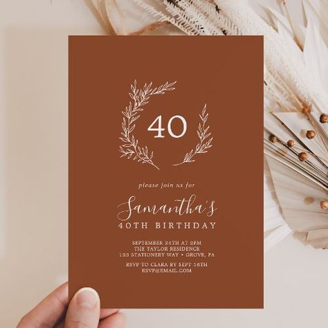 $1.98 | Minimal Leaf | Terracotta 40th Birthday Invitation - rustic 40th birthday party, elegant fortieth birthday, modern adult birthday, simple forty, greenery 40 b-day celebration, botanical milestone birthday for women, classic whimsical minimalist leaves k102, terracotta birthday party invitation, bohemian autumn earthy burnt orange, minimal boho fall desert rust Fall Desert, Birthday Party Elegant, Whimsical Minimalist, Minimalist Leaves, Fall Birthday Invitations, Fall Birthday Party, Floral Birthday Party Invitations, 92nd Birthday, 60th Birthday Party Invitations