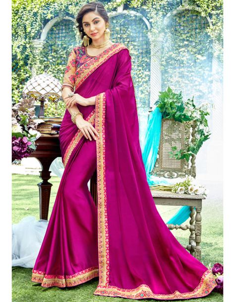 Magenta Satin Georgette Saree Dark Pink Saree, Pink Georgette Saree, Party Wear Sarees Online, Party Sarees, Plain Saree, Latest Designer Sarees, Designer Sarees Online, Casual Saree, Art Silk Sarees