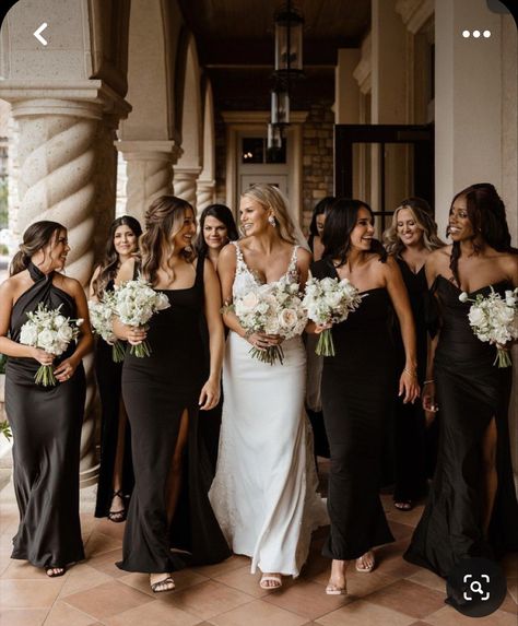 Monochrome Bridesmaid Dresses, Black Brides Mades Dresses, Black Satin Bridal Party, Black Attire Bridal Party, Black Bridesmaid Dresses Wedding Party, Black Silk Bridesmaid Dresses, Black Bridesmaid Dresses Aesthetic, Black Bridesmaids Dresses Mismatched, Mismatch Black Bridesmaids Dresses