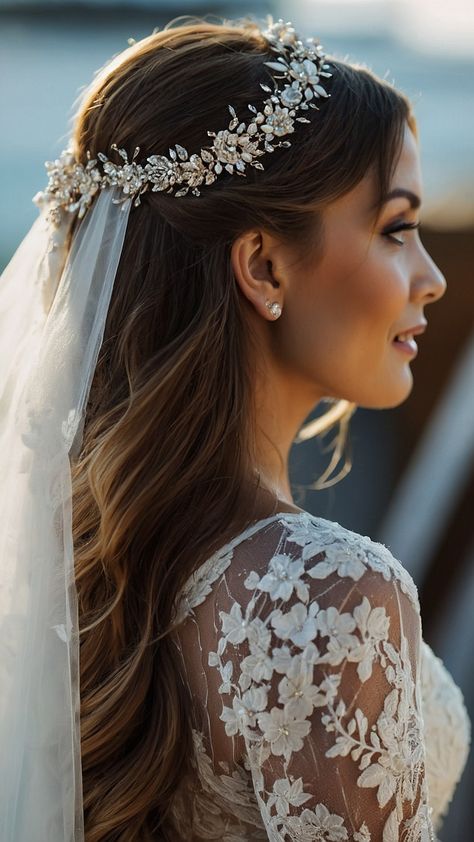 Discover stunning bride hairstyles with veil including down updo crown short hair tiara long simple styles for 2024 Explore elegant updo buns half hair black modern looks for your special day Bride Hairstyles With Headpiece, Tiara Bride Hairstyles, Updo Buns, Cherry Cola Hair Color, Bride Hairstyles With Veil, Cherry Cola Hair, Hairstyles With Veil, Hair Tiara, Bride Hairstyle