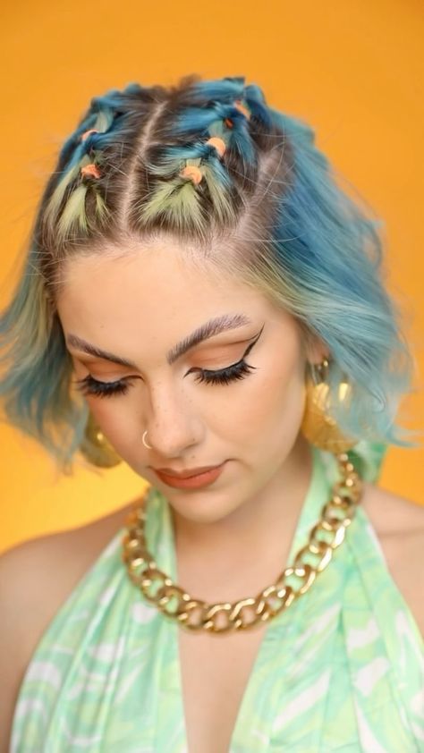 Sophie Hannah Hair, Short Braid Hairstyles, French Braided Bangs, Rave Hairstyles, Short Braid, Glitter Roots, Super Easy Hairstyles, Rave Hair, Y2k Hairstyles