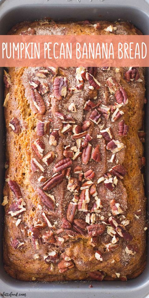 This easy Pumpkin Pecan Banana Bread recipe is one of my favorite fall dessert recipes! A sweet homemade banana bread is crossed with moist pumpkin bread (and topped with cinnamon sugar and crushed pecans) to make a perfectly spiced pumpkin banana bread! #pumpkin #bread #dessert #recipe #bananabread Banana Pecan Bread Recipe, Pecan Banana Bread, Banana Pecan Bread, Muffins Blueberry, Bread Pumpkin, Pumpkin Banana Bread, Pumpkin Bread Easy, Banana Bread Recipe Moist, Moist Pumpkin Bread