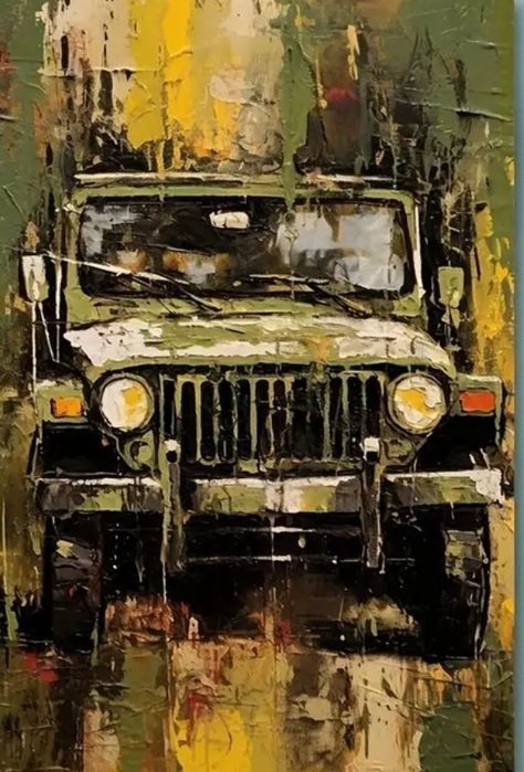 Car Painting Acrylic Abstract, Cars Oil Painting, Car Abstract Painting, Car Artwork Automotive Art, Car Acrylic Painting, Jeep Painting, Car Oil Painting, Pictures With Horses, Military Drawings