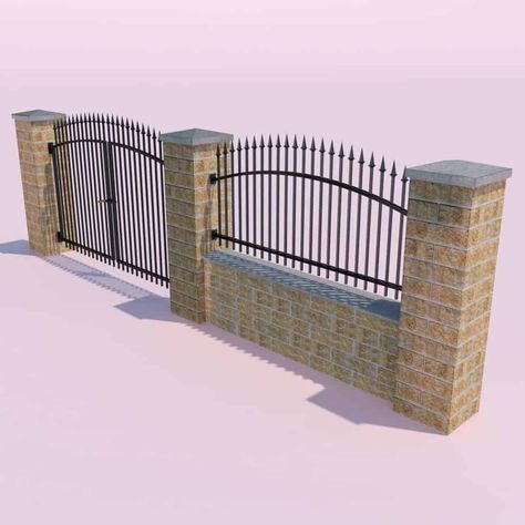 Compound Wall Gate Design, Gard Modern, Pagar Modern, Fence And Gate, Fence Wall Design, Wrought Iron Fence, Home Fencing, Compound Wall Design, Brick Columns