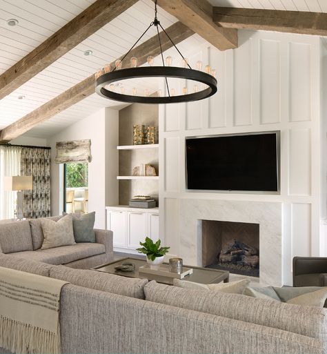 California Home with Tailored Interiors Living Room Panelling, Vaulted Ceiling Living Room, Home Bunch, Flat Screen Tv, Living Room Remodel, Board And Batten, Family Room Design, Room Remodeling, Fireplace Design