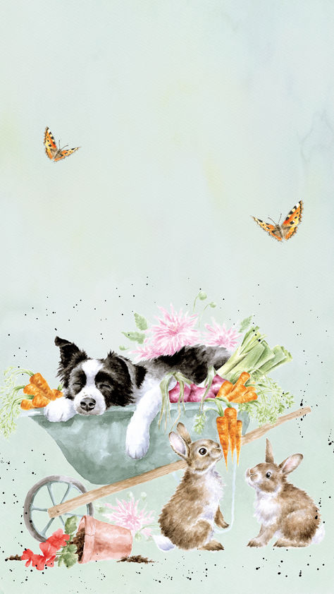 'Sleeping on the Job' Border Collie and Rabbit phone wallpaper by Wrendale Designs Border Collie Wallpaper, Wrendale Designs, Iphone Wallpaper Stills, Halloween Wallpaper, Dog Paintings, Little Dogs, Watercolor Background, Custom Wallpaper, Vintage Prints