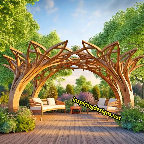 These Incredible Giant Tree-Shaped Pergolas Will Transform Your Backyard into a Fantasy Forest – Inspiring Designs Tree Pergola, Backyard Stage, Biomorphic Architecture, Tree Chair, Fantasy Furniture, Fantasy Tree, Giant Tree, Wood Crafting, Fantasy Forest