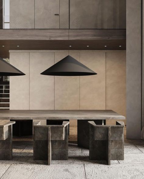 Kitchen Brutalist, Brutalist Dining Room, Brutalist Bar Design, Brutalist Dining Table, Dark Brutalist Interior, Brutalist Side Table, Minimalist Furniture, Design Research, Hotel Lobby