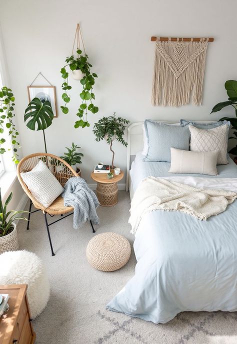 Light Blue Boho Bedroom White Boho Bedroom, Light Blue Boho Bedroom, Blue Boho Bedroom Ideas, Blue Boho Bedroom, Thrifted Furniture, Light Blue Bedroom, Boho Bedroom Design, Boho Bedroom Ideas, Bedroom Tips