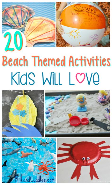 20 Beach Themed Activities for Kids! Easy Crafts and beach activities for kids! Beach crafts. Beach activities. Beach Themed Activities, Beach Activities For Kids, Themed Activities For Kids, Vbs Shipwrecked, Beach Crafts For Kids, Camp Themes, Theme Snack, Beach Themed Crafts, Beach Week