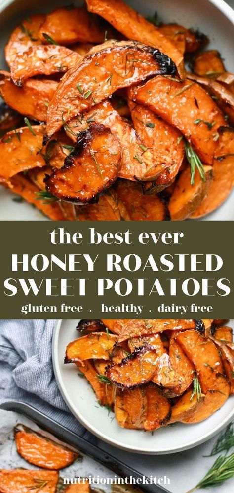 One of the most delicious sweet potato recipes, these honey roasted sweet potatoes are easy, gluten free, dairy free, and make the perfect Thanksgiving or Christmas dinner side dish! Roasted Sweet Potato Recipes, Honey Roasted Sweet Potatoes, Dairy Free Thanksgiving, Dairy Free Recipes Dinner, Gluten Free Thanksgiving, Dairy Desserts, Dairy Free Dinner, Roasted Sweet Potato, Thanksgiving Cooking