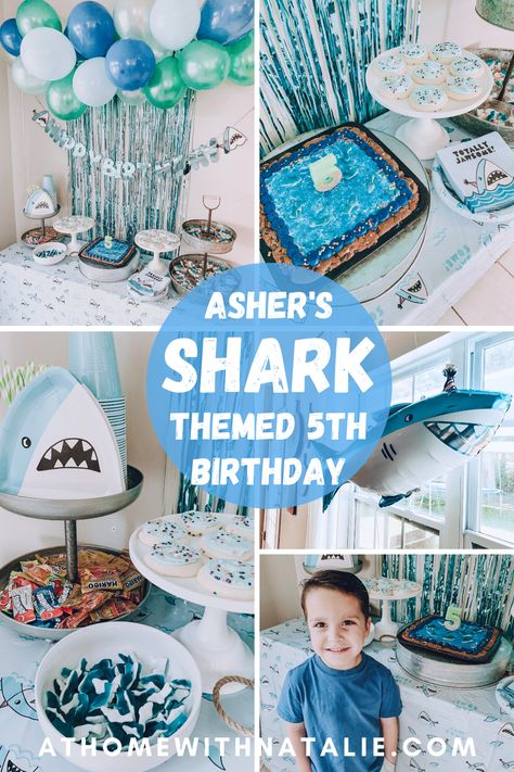 Asher’s 5th Birthday-Shark Party Theme – At Home With Natalie Shark Fifth Birthday, Diy Shark Birthday Party, Shark Themed Pool Birthday Party, Jawsome Birthday Party, Sharks Theme Birthday Party, Great White Shark Birthday Party, Under The Sea Shark Birthday Party, Second Birthday Shark Theme, Four Year Old Shark Party