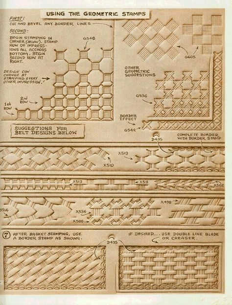 Geometric stamping                                                                                                                                                                                 More Leather Tooling Designs, Leather Tooling Patterns Templates, Leather Tooling Patterns Printable, Saddle Repair, Shop Fireplace, Leather Patterns Templates, Belt Ideas, Diy Leather Working, Handmade Leather Work