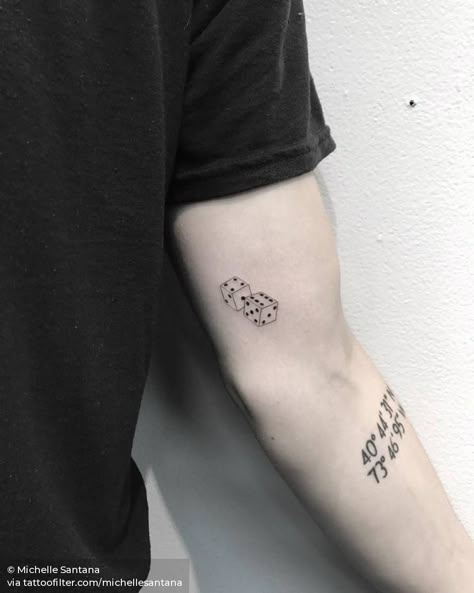 Fine line dice tattoo on the left inner arm. Dice Tattoo Meaning, Dice Tattoo Men Forearm, Two Dice Tattoo, Dice Tattoo Placement, Dice Tattoo Women, Pair Of Dice Tattoo, Tiny Dice Tattoo, Red Dice Tattoo, Dice Tattoo Men