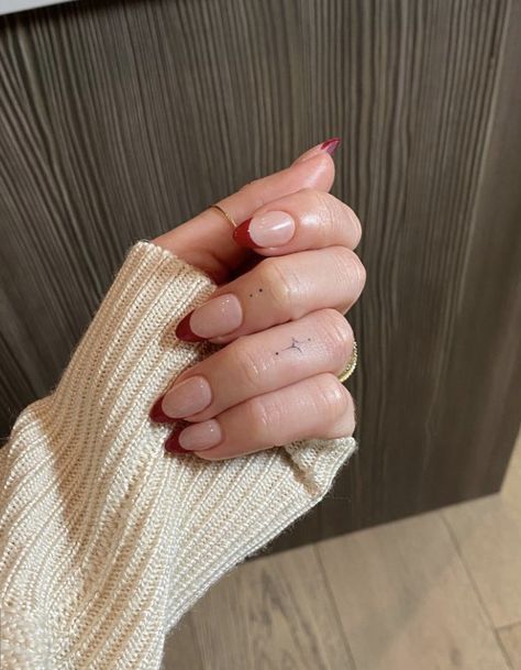 Red French Tips Almond, Hand Tattoos Dainty, Dark Red French Tips, Simple Nails Short, Almond Christmas Nails, Tattoos Dainty, Red Tip Nails, French Tip Almond, Almond Nails Red