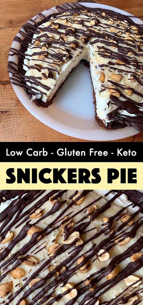 This low carb and Keto recipe is for a decadent chocolatey Snickers pie with only 4g net carbs per slice. It’s a sugar-free dessert that you would never guess is sugar-free. Macro Desserts, Keto Snickers, Snickers Torte, Keto Pies, Snickers Pie, Keto Pie, The Best Keto Recipes, Best Keto Recipes, Ketogenic Desserts