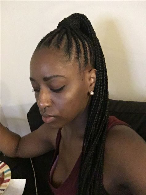 Big Feed In Braids Ponytail, High Ponytail Feed In Braids, Cornrow Ponytail Updo, Corn Row Ponytail, Braids Into High Ponytail, High Ponytail Braids, Feed In Braids Cornrows Ponytail, Cornrows Going Up Into A Ponytail, Cornrows Into Pigtails