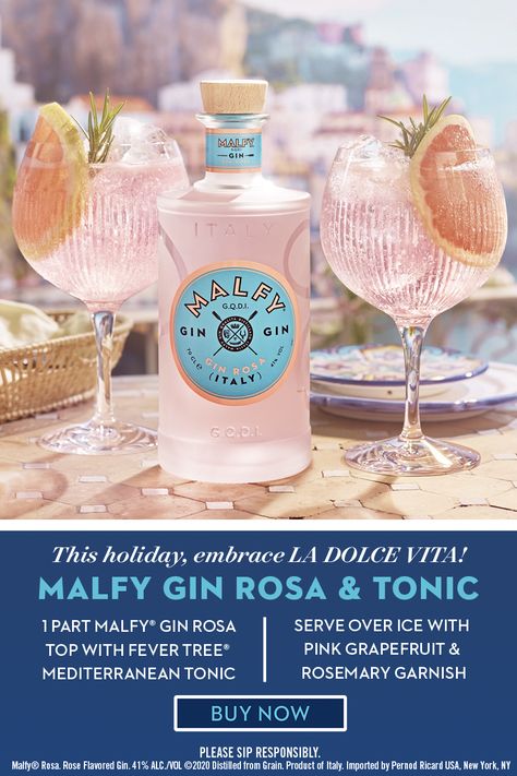 Embrace La Dolce Vita with a Malfy Gin Rosa & Tonic! Mix 1 part Malfy Gin Rosa and top with Fever Tree Mediterranean Tonic. Serve over ice with pink grapefruit & rosemary garnish, and enjoy! Christmas Cocktails Gin, Rosemary Garnish, Gin Rosa, Malfy Gin, Recycled Christmas Tree, Flavoured Gin, Fever Tree, Birthday Cocktails, Gin Recipes