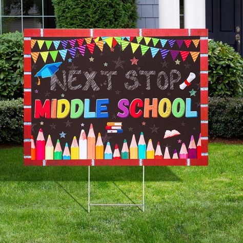 PRICES MAY VARY. Sturdy and Reliable: this Next Stop Middle School grad yard sign is made of quality PP plastic material; It's not only strong and waterproof but also holds up beautifully in wind, snow, and rain; Its durability ensures that it can serve you for a long time, making it a worthwhile gift for your elementary school graduate Vibrant and Fun Design: our elementary school grad yard sign is a nice decoration to celebrate graduation; Embellished with 'NEXT STOP MIDDLE SCHOOL', graduation Elementary Graduation Party Ideas, Elementary School Graduation, Elementary Graduation, 5th Grade Graduation, Graduation Party Decorations, Lawn Sign, Drive Through, Class Of 2024, Grade 4