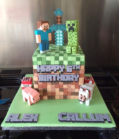 Minecraft Earth Block Cake with sugar diamond sword, Steve, Creeper, wolf, pig and TNT Minecraft Wolf Cake, Boys 8th Birthday, Minecraft Cake Designs, Wolf Cake, Minecraft Birthday Cake, 8th Birthday Cake, Chocolate Raspberry Cake, Train Cake, Minecraft Birthday Party