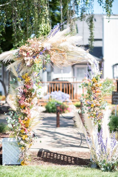 Pampas And Flowers Wedding, Spring Wedding Dried Flowers, Wedding Arch With Dried Flowers, Dried Flower Aisle, Dried Flower Altar, Dried And Fresh Flowers Wedding, Wildflower And Pampas Grass Wedding, Dried Flower Arch, Dried Flower Wedding Arch